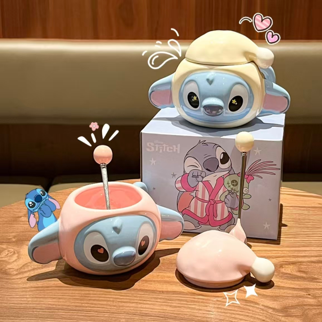 【Stitch 】แก้วเซรามิก  380ml พร้อมฝาหมวก กล่องของขวัญ น่ารักมากถ้วยนม ถ้วยน้ําผลไม้ กล่องของขวัญ