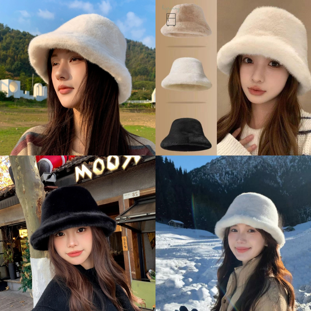 [bigrunng] ฤดูหนาว กันลม อบอุ่นผู้หญิงแฟชั่นสีทึบหมวกตุ๊กตาถังปุยหมวกชาวประมงป้องกันหูปานามาหมวก สจ