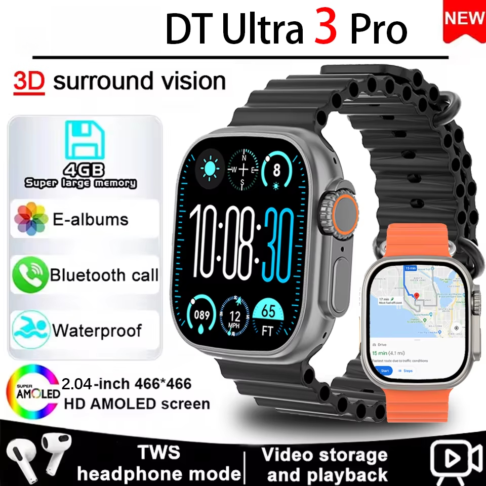 DT Ultra 3 Pro นาฬิกา 4G RAM สร้อยข้อมือวิดีโอ GPS แผนที่ Call NFC เข็มทิศ AI Dial กีฬาฟิตเนส tracke