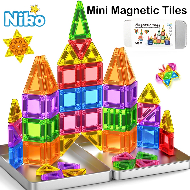 Niko Magnetic Tiles 42PCS บล็อกแม่เหล็กจิ๋ว ชุดพกพา ของเล่นตัวต่อสร้างบ้าน ปราสาท จรวด สำหรับเด็ก 3 ปี+