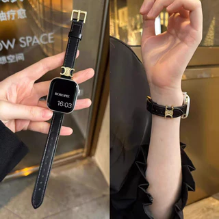 หรูหราสีดําทองชุดสายหนังแท้สําหรับ ฉันดู ชุด พิเศษ iwatch Series 11 10 9 8 7 6 5 SE 5 4 3 2 1แฟชั่นลําลองโซ่โลหะวงสําหรับ ฉันดู 44/46/42/45 มม.41 มม.40 มม.38