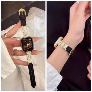หรูหราสีดําทองชุดสายหนังแท้สําหรับ ฉันดู ชุด พิเศษ iwatch Series 11 10 9 8 7 6 5 SE 5 4 3 2 1แฟชั่นลําลองโซ่โลหะวงสําหรับ ฉันดู 44/46/42/45 มม.41 มม.40 มม.38