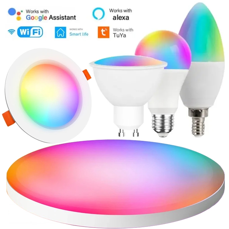 หลอดไฟอัจฉริยะ Tuya WIFI ดาวน์ไลท์ WIFI E27 E14 GU10 โคมไฟเพดาน RGBW ปรับความสว่างได้ ควบคุมด้วยเสีย