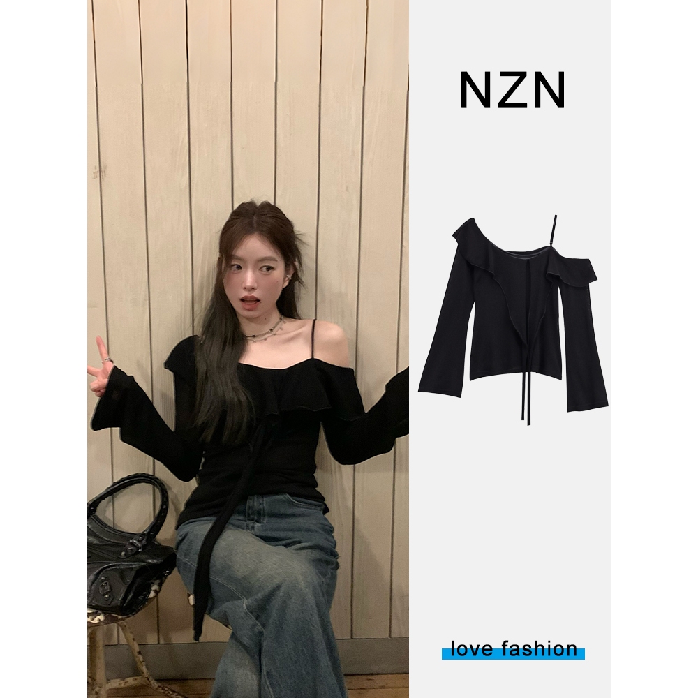 NZN หูฤดูใบไม้ร่วงสลิงสีดําไหล่เดียวแขนยาวครีมกันแดดถักด้านบน