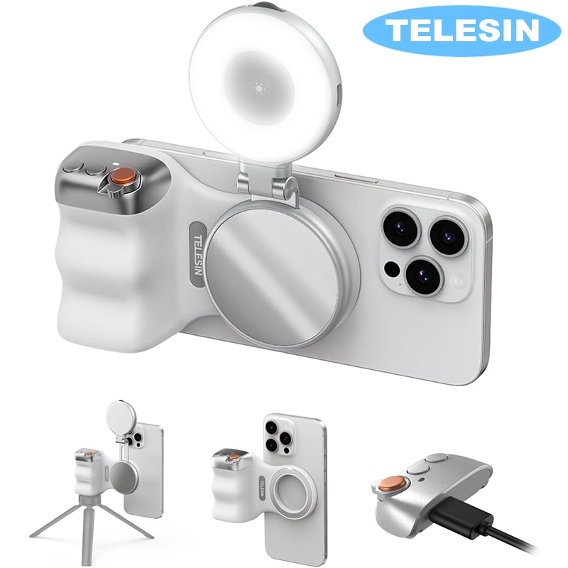 TELESIN ใหม่ คุณกําลังคุยโทรศัพท์อยู่ ด้ามจับแม่เหล็กและไฟเซลฟี่แม่เหล็กบวกกับชัตเตอร์ไร้สาย 360° ไฟ LED แบบปรับได้ สําหรับ iPhone Magsafe และ Android
