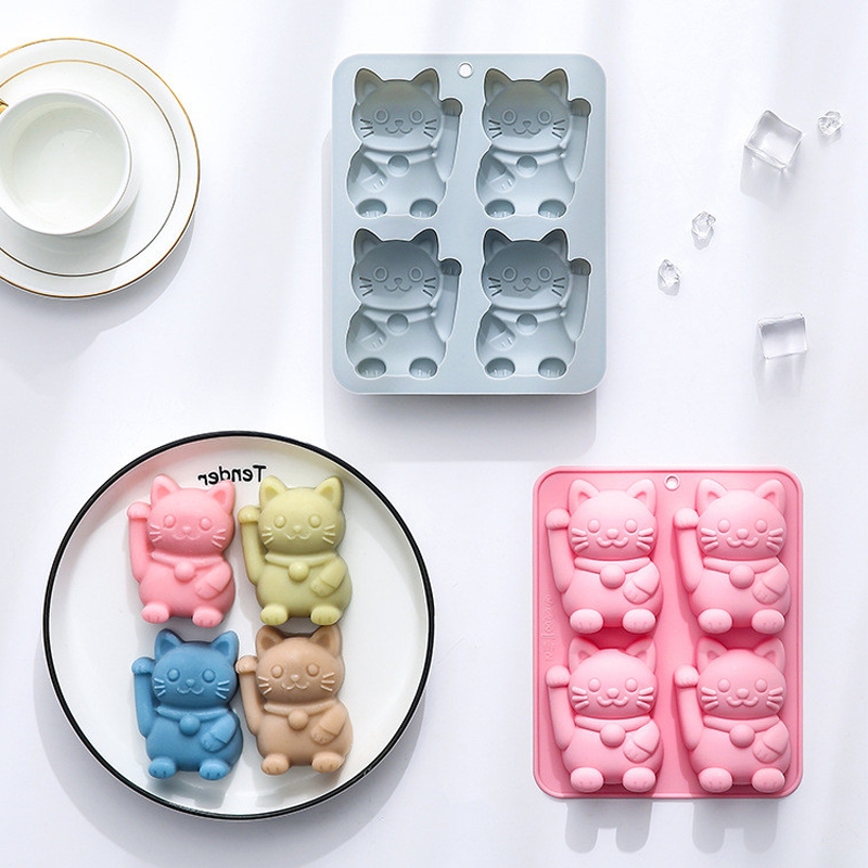 4- Cavity Lucky Cat Modeling แม่พิมพ์ซิลิโคนช็อกโกแลตเค้กแม่พิมพ์ซิลิโคนถาดอบถาดน้ําแข็งอโรมายิปซั่มแม่พิมพ์สบู่แฮนด์เมด DIY อีพ็อกซี่แม่