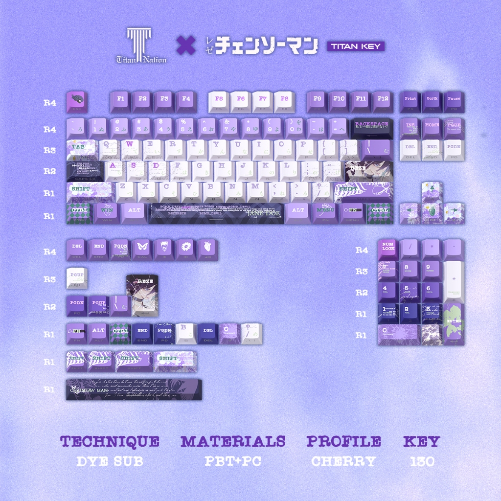 TITANNATION คีย์แคป PBT 130 คีย์ Cherry Profile พิมพ์ข้าง (Side-Print) สีม่วงพาสเทล อนิเมะ [เฉพาะคีย์แคป]