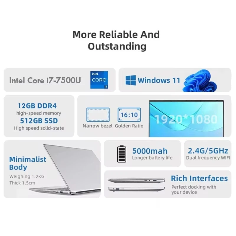 2026 ใหม่ Intel พับแล็ปท็อป 14.1 นิ้ว i7 7500U แล็ปท็อป 12GB 2TB SSD 1920x1080 ความละเอียดการศึกษาคอมพิวเตอร์สำนักงาน / Windows 11 Pro / แป้นพิมพ์ภาษาไทย thumbnail 3