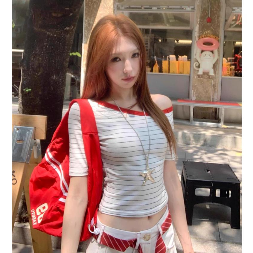 BraQueen✨เสือยืดเเขนสั้น เสื้อยืดปาดใหล่ สลิมฟิต รูปแบบลาย เนื้อผ้านิ่ม สไตล์เกาหลี ราคา ถูกที่สุด ดีลบีเคเค แกลเลอรีภาพที่ 6