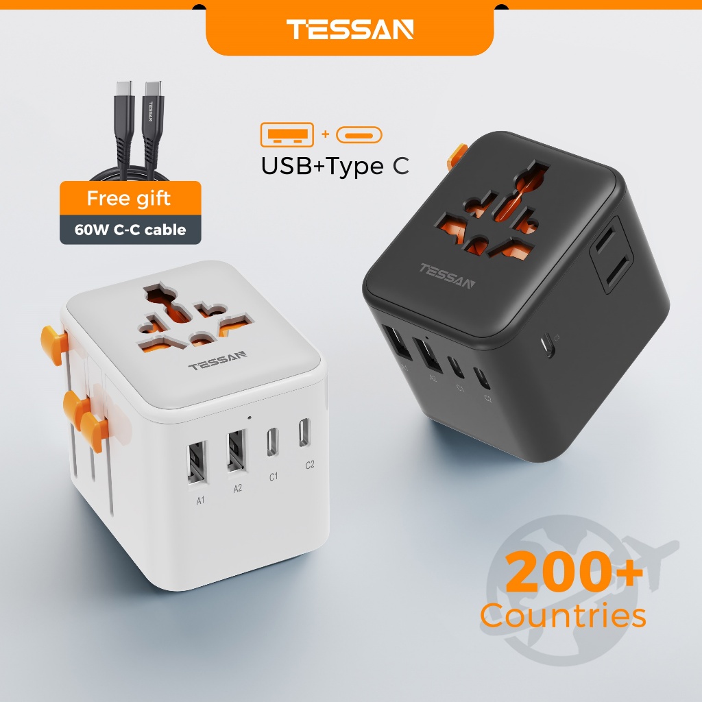 TESSAN 35W/65W/100W Universal Travel Adapter พร้อม USB+Type C, ปลั๊กอะแดปเตอร์สากลสำหรับ JP KR TW SG