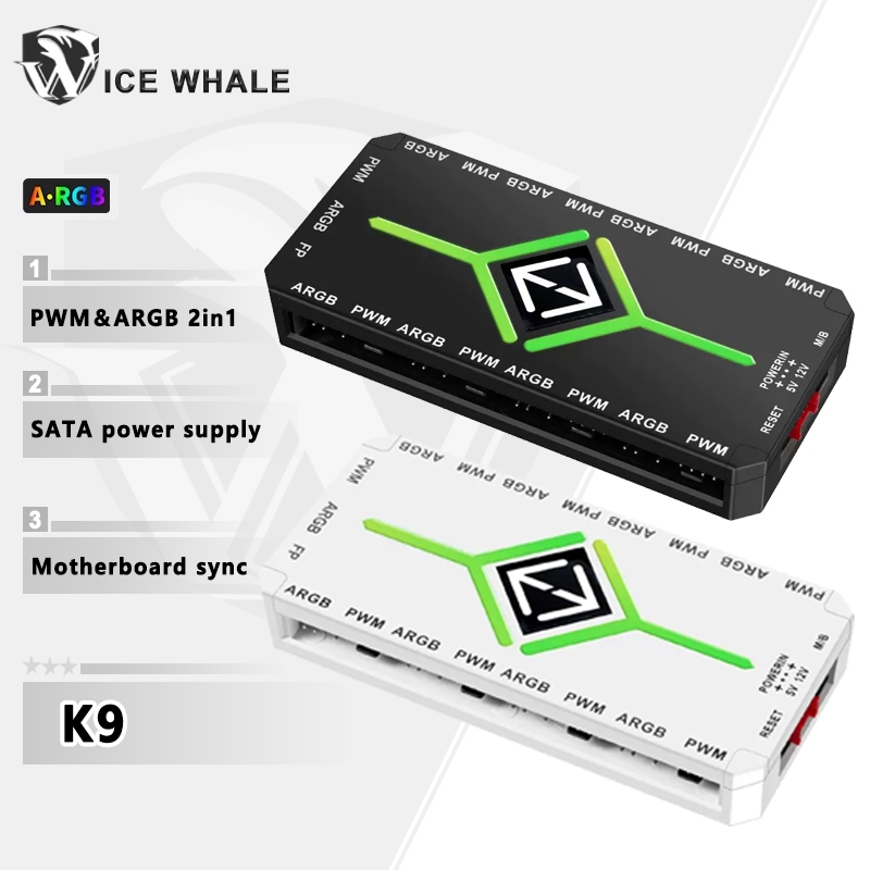 ICE Whale K9 1 ถึง 9 PWM และ ARGB2in1 พัดลมแชสซี hub splitter 4Pin PWM 3Pin ที่อยู่ ARGB อะแดปเตอร์ SATA power interface พร้อมรีโมทคอนโทรล