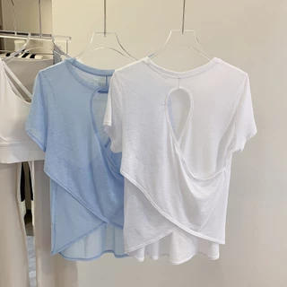 เสื้อยืดโยคะ เสื้อคลุมกีฬา สำหรับผู้หญิง คอกลม ทรงหลังโฮลโลว์สวยๆ วัสดุฝ้ายสายไผ่ ระบายอากาศดี กีฬายืดนุ่ม สไตล์ทรงกระบอกแขนสั้น