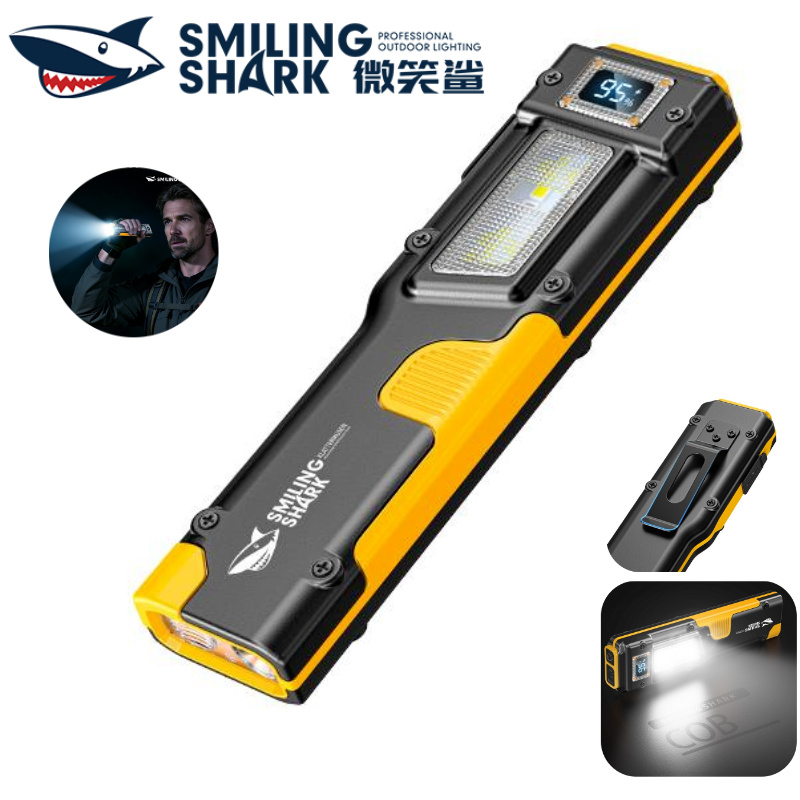 SMILING SHARK ไฟฉายพกพา LED COB ส่องสว่าง 8 โหมด พร้อมเตือนแสงสีแดง และคลิปยึด Type-C ชาร์จได้ กันน้ำ ใช้กลางแจ้งและเดินป่า