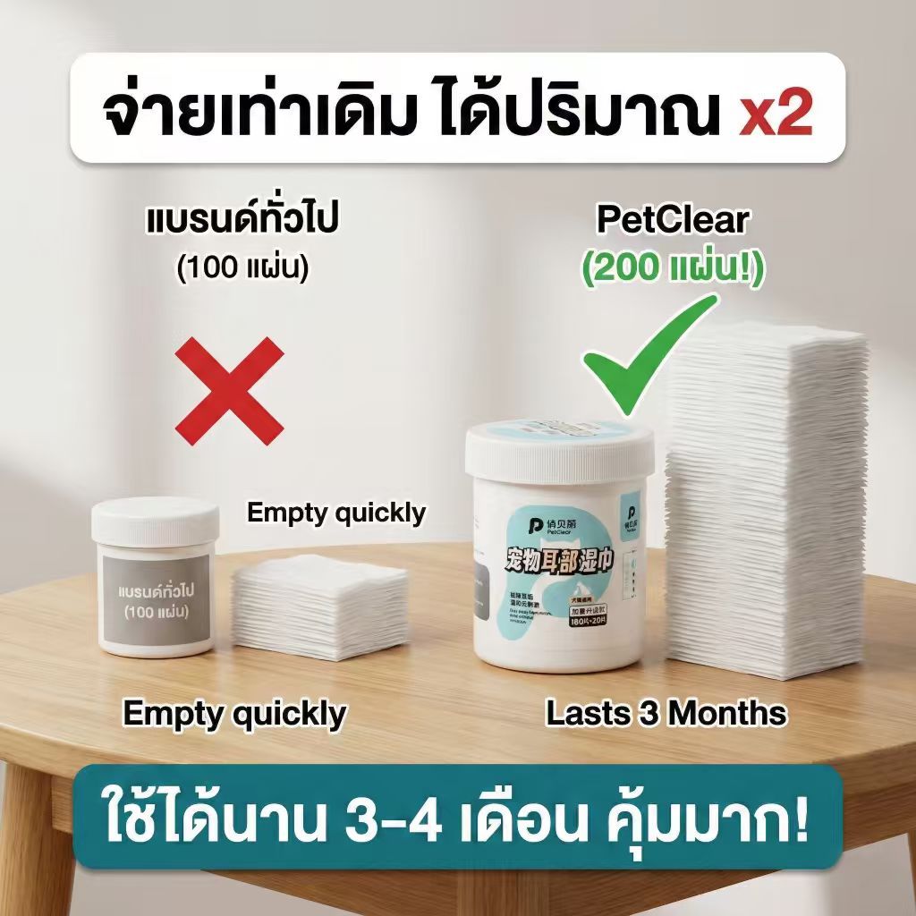 PetClear ebทิชชู่เปียกเช็ดหูสัตว์เลี้ยง 200 แผ่น ไร้แอลกอฮอล์ สารสกัดธรรมชาติ ปลอดภัยต่อลูกสุนัข/แมว ราคา ถูกที่สุด ดีลบีเคเค แกลเลอรีภาพที่ 2
