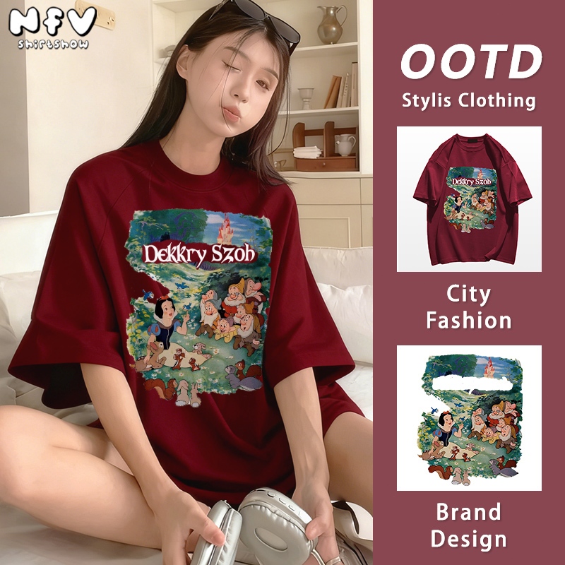 (จัดส่งตลอด 24 ชั่วโมง) NFV เสื้อยืดคอตตอนแขนสั้น สไตล์oversized ลายสกรีนสโนว์ไวท์ Disney YG262