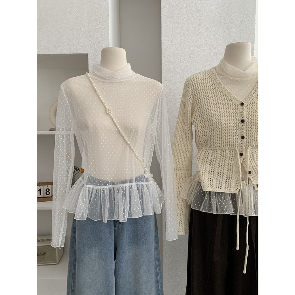 เสื้อยืดแขนยาวสไตล์เกาหลี คอเต่าครึ่ง ลายจุด ทำจากผ้ากอซ