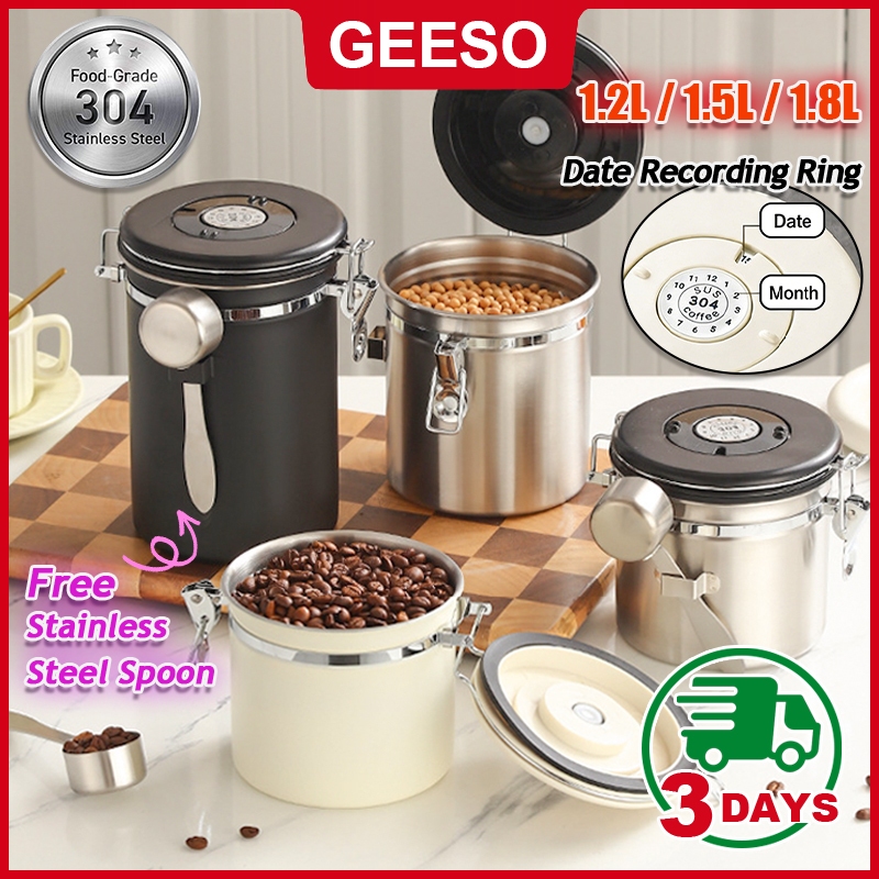 GEESO โหลใส่กาแฟ สแตนเลส พร้อมช้อนตัก บันทึกวันที่เก็บได้ กล่องเก็บเมล็ดกาแฟ กระป๋องเก็บกาแฟ โหลเก็บอาหารแห้ง โหลเก็บใบชา Coffee Beans Sealed Cans Stainless Steel Dried Fruits Grains Storage Cans with Spoons Exhaust Valves Fresh 不锈钢储物罐
