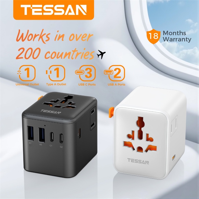 TESSAN Universal Travel Adapter พร้อม USB+Type C, อแดปเตอร์ปลั๊กสากล 5.6A 3 พอร์ต Type C 2 USB A