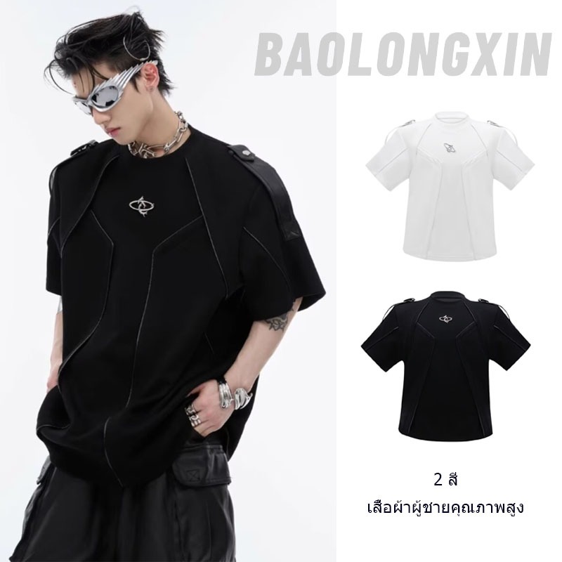 Baolongxin เสื้อยืดผู้ชายอเมริกันย้อนยุคฤดูร้อนใหม่ Patchwork Lines ออกแบบเสื้อ