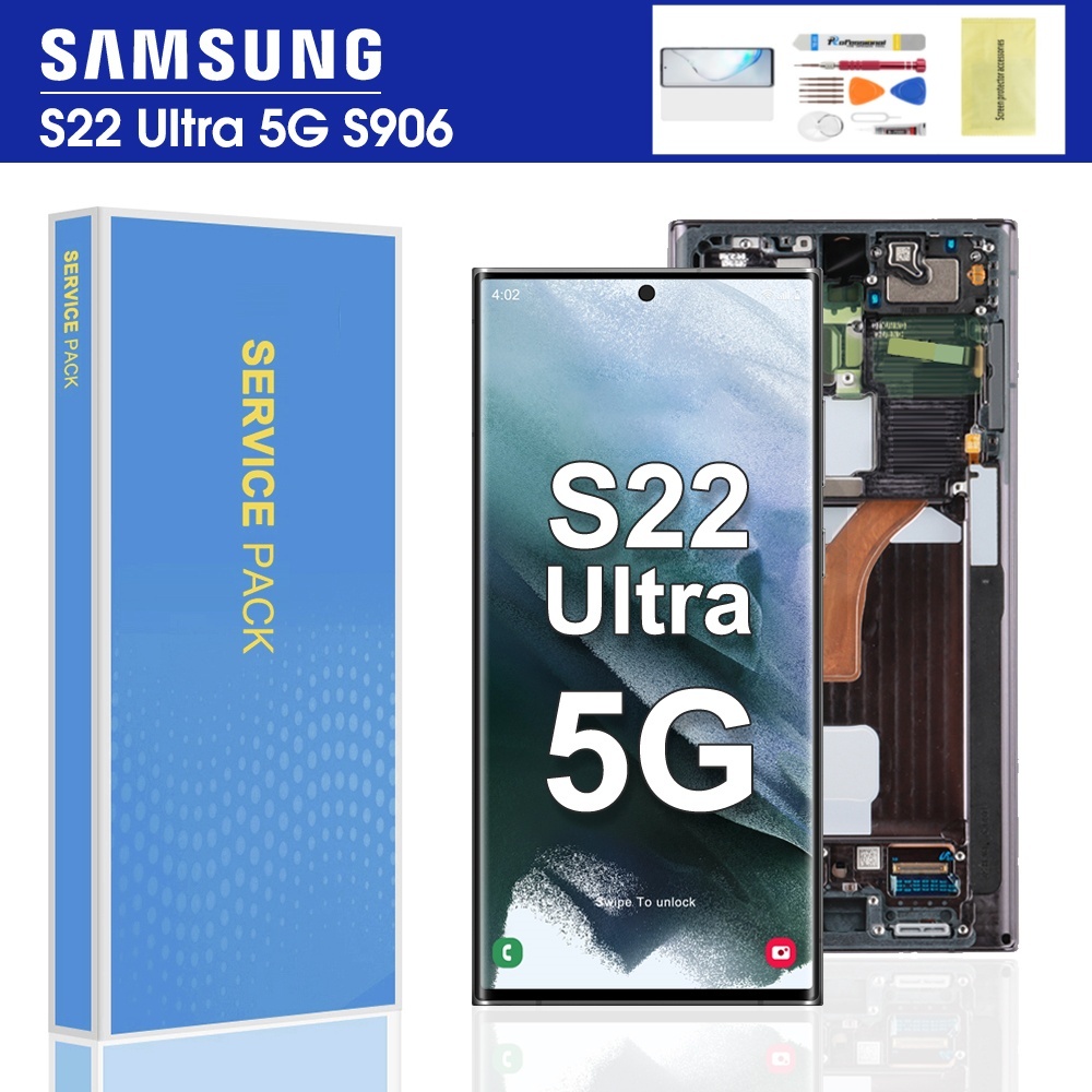 AMOLED สําหรับ Samsung Galaxy S22 Ultra 5G จอแสดงผล LCD หน้าจอสัมผัสพร้อมกรอบเปลี่ยน SM-S908B, SM-S9