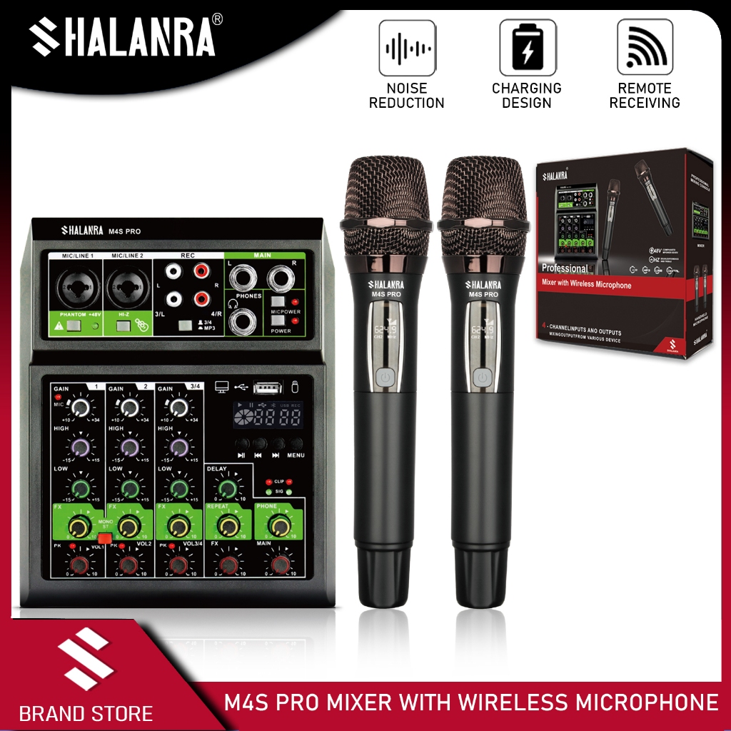 SHALANRA M4S PRO มิกเซอร์เสียงพร้อมไมค์ไร้สายชาร์จในตัว Bluetooth/MP3/48V