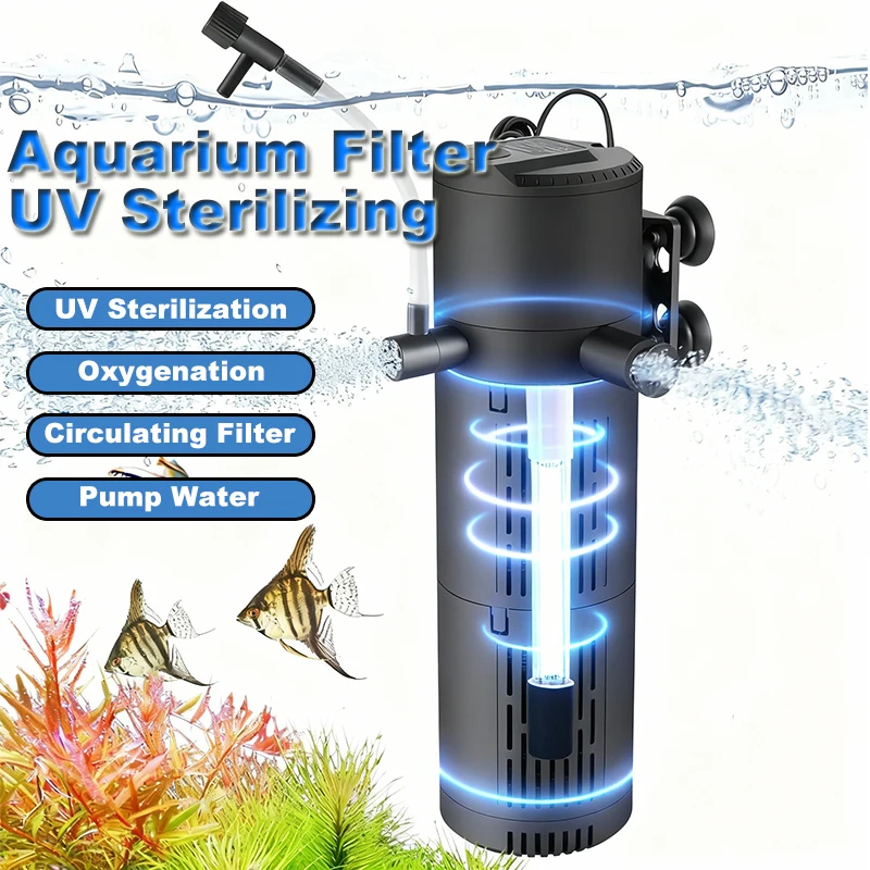 ปั๊มกรองตู้ปลาเงียบสําหรับถังปลาพร้อมไฟ UV 1800L H ตัวกรอง 8 25W