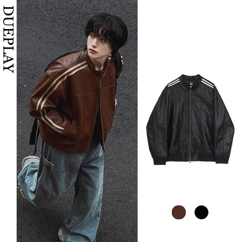 Dueplay อเมริกันย้อนยุคหลวมไหล่แผ่นเที่ยวบินแจ็คเก็ตฤดูใบไม้ร่วงปู่หนังแจ็คเก็ตสไตล์รถจักรยานยนต์ อินเทรนด