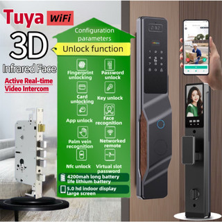 【MY Stock】9 In 1 Tuya Wi-Fi App 3D Face Fully Automatic Smart Door Lock with HD Camera Palm Unlock Video Surveillance Digital Lock Fingerprint Password Remote Control Unlock Keyless