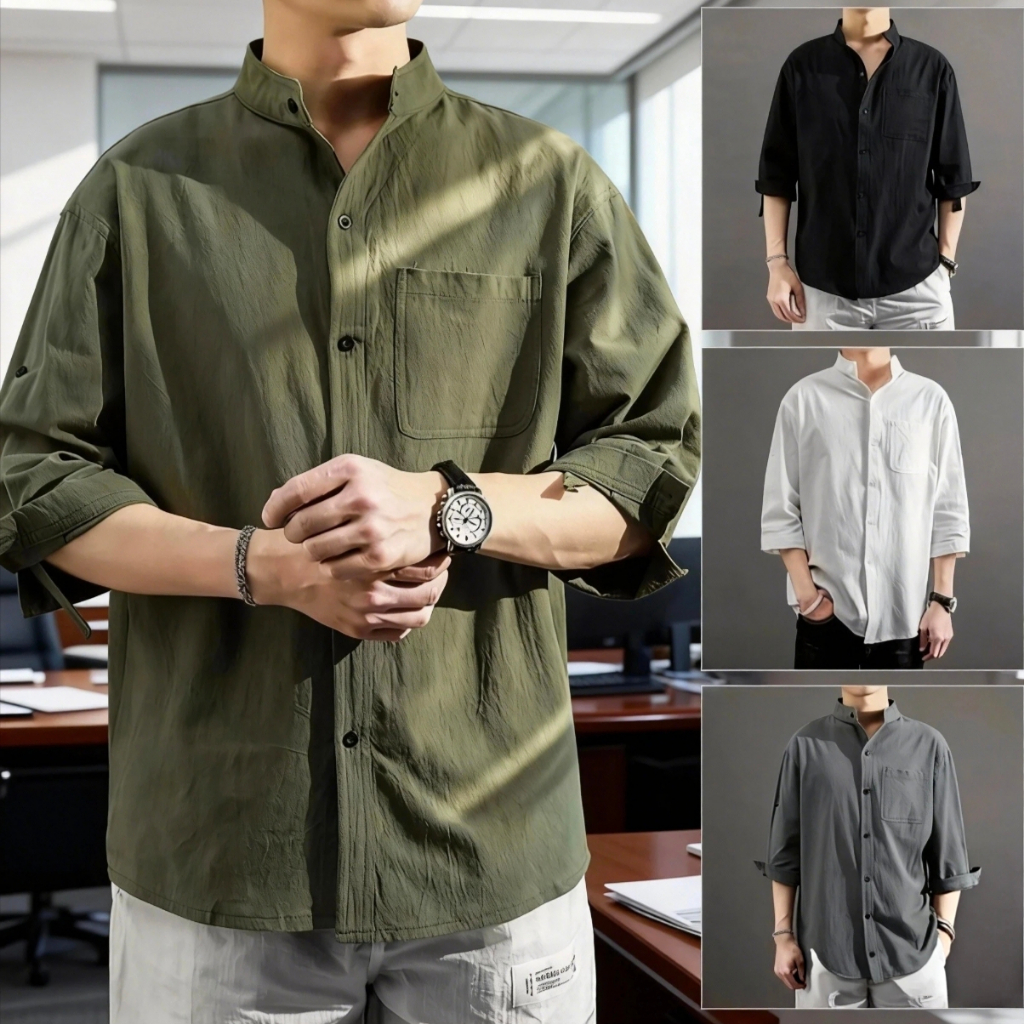 เสื้อลินินผู้ชาย สไตล์ยืดหยุ่น แขนสามส่วน ระบายอากาศได้ดี เหมาะสำหรับใส่ลำลอง