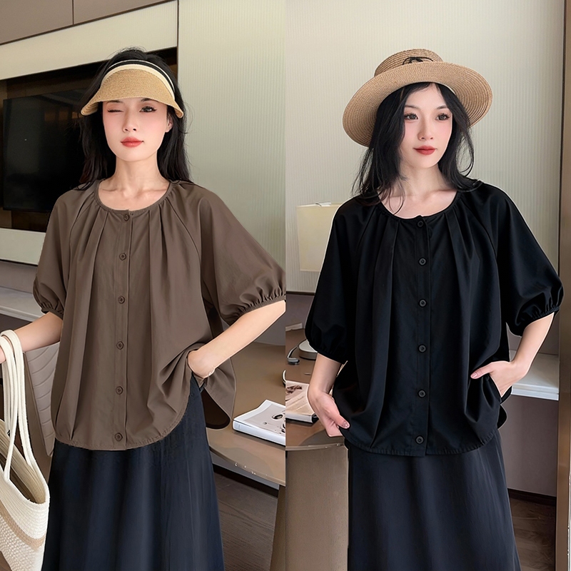 บลาซึสรัดรูปทรงตุ๊กตาไซส์โอเวอร์ไซส์ ดีไซน์ A-line, พิเตอร์แพนคอลเลอร์, แขนสั้น สำหรับสวมใส่สบายในทุกไซส์ตั้งแต่ 40-150 กก.