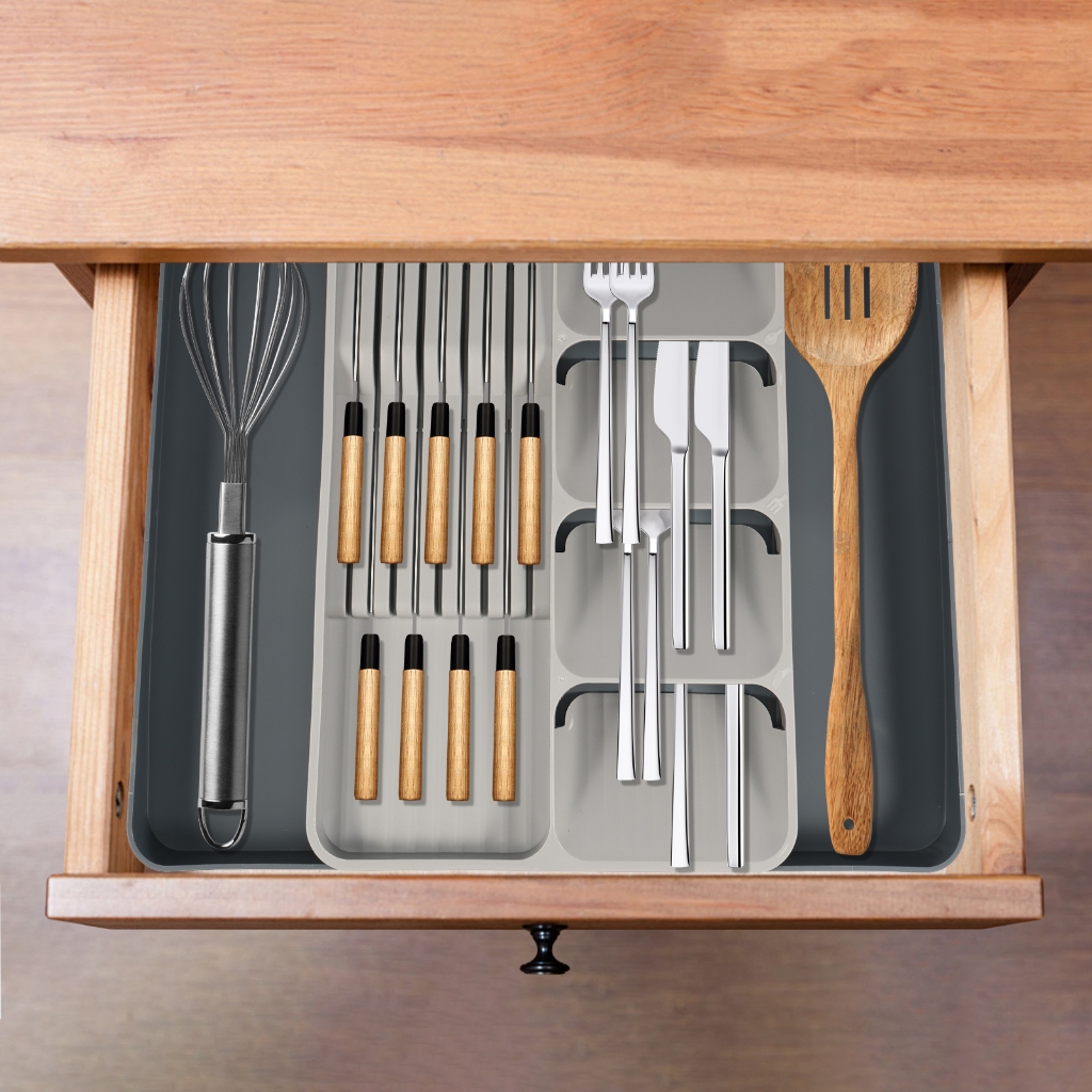 Flatware Organizer พลาสติกเครื่องเงินลิ้นชัก Organizer ขยายภาชนะ Organizer สําหรับห้องครัว ชั้นวางจาน ที่คว่ําจาน