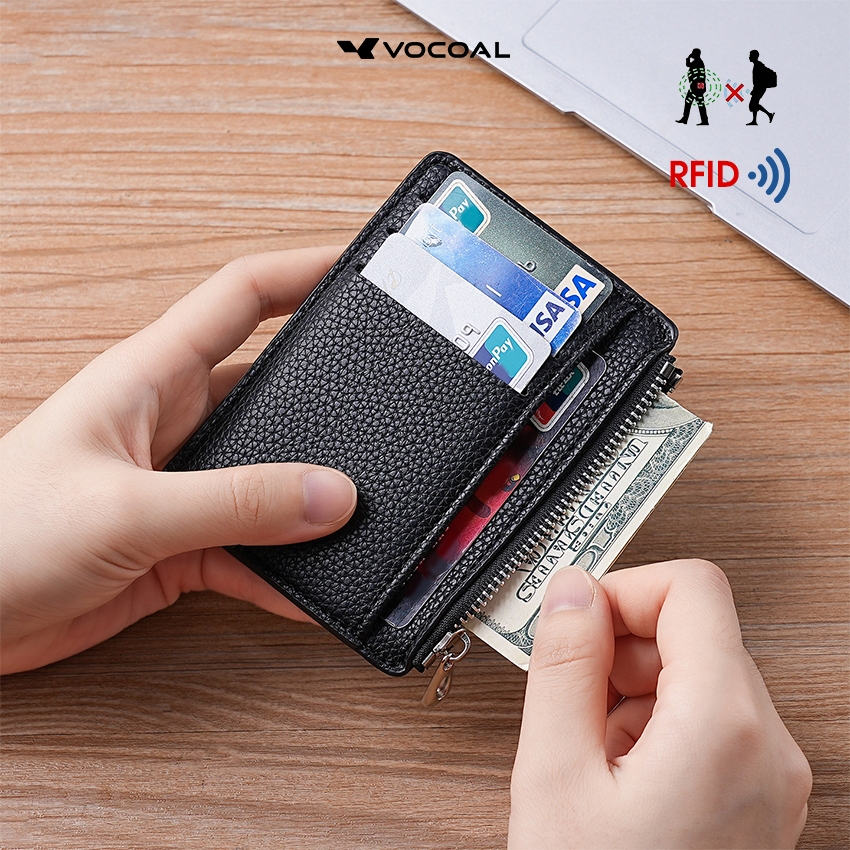 VOCOAL ผู้ชายผู้หญิงกระเป๋าสตางค์สั้น Unisex Multi-Functional RFID กระเป๋าสตางค์ Ultra-Thin PU หนังนุ่มกระเป๋าสตางค์ Multi-Card ตําแหน่ง ID ผู้ถือบัตรเครดิตธุรกิจซิป