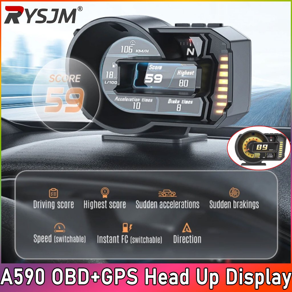 A590 รถ Head Up จอแสดงผล HUD OBD + GPS Dual System Digital Scanner มาตรวัดความเร็วจอแสดงผลรถ Speedom