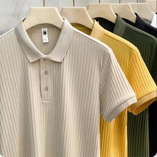 WQ Plus Size Korean Fitted Polo for Men Knitted Fabric 2 Colors Size M to 2XL Korean Stripe Knit Slim Shirt Men