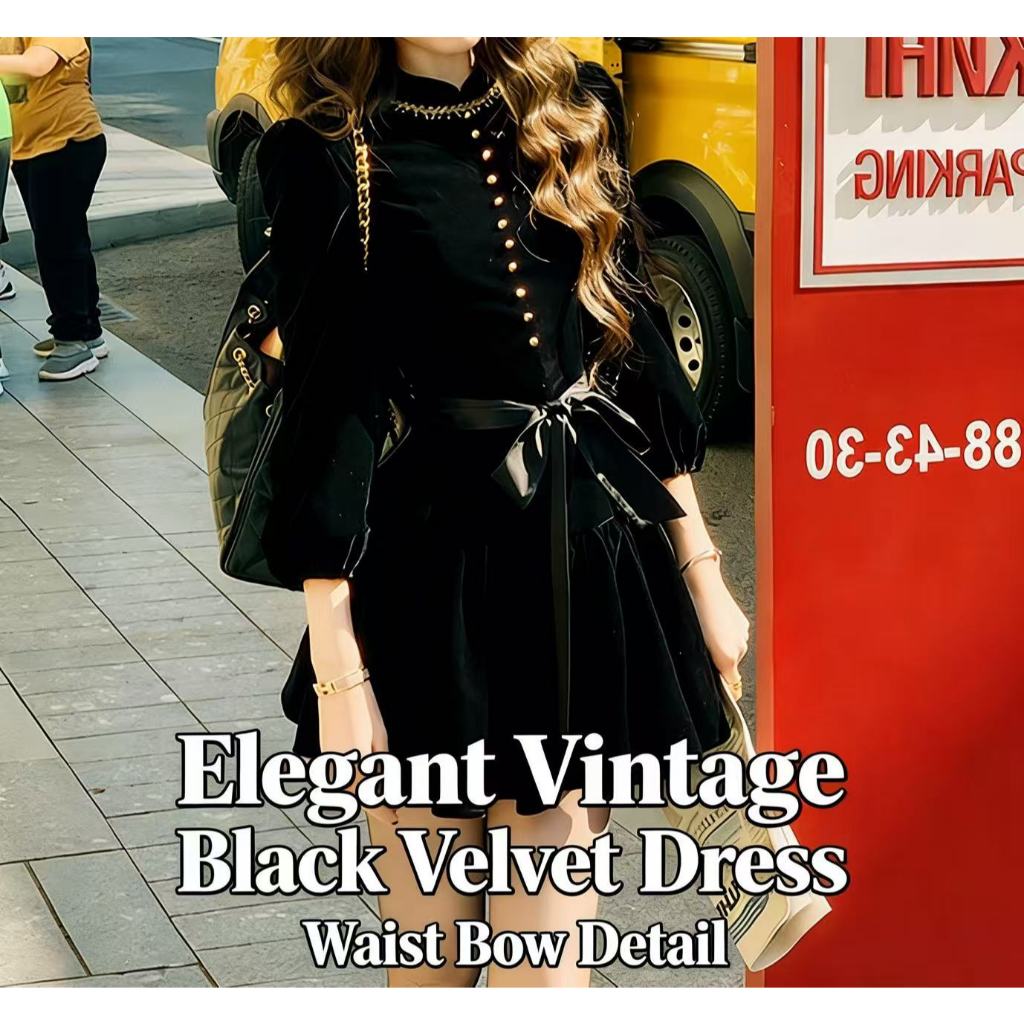 Hibiscus One [ลูกสาวที่Brad] Hepburnสไตล์กํามะหยี่สีดําแขนยาว [ชุด] [ฤดูใบไม้ร่วง] สินค้าใหม่ [Retro