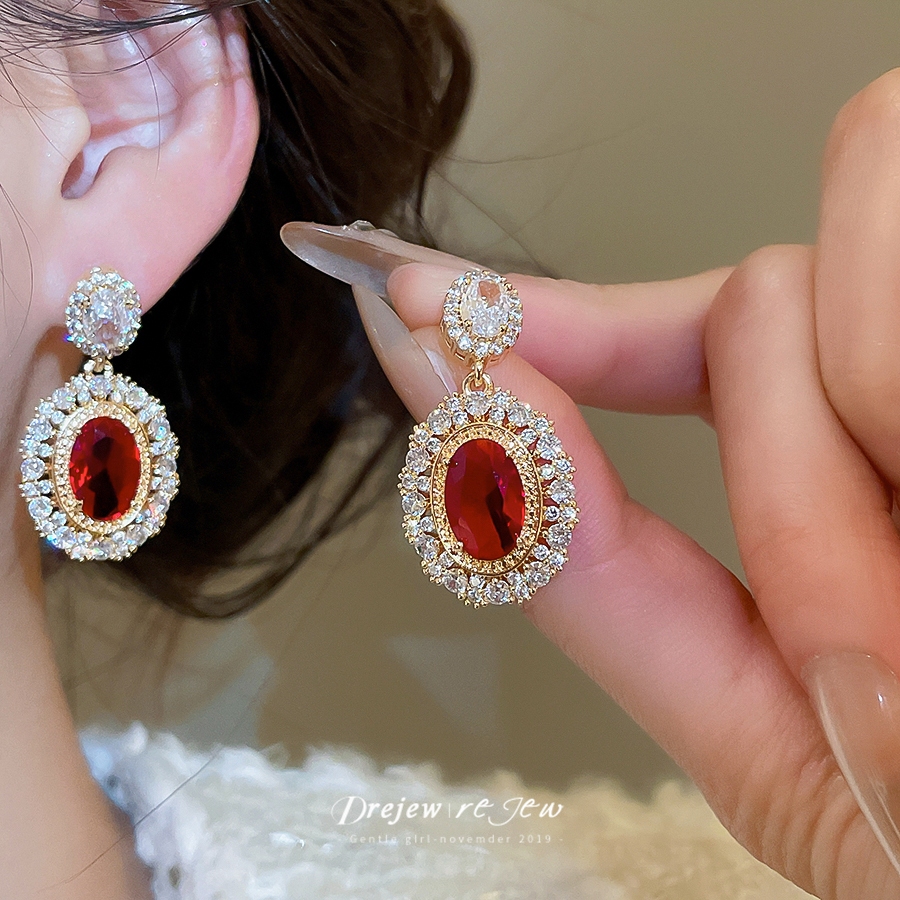 DRAW ต่างหูคริสตัลสีแดง Rhinestone Halo Dangle สไตล์หรู สร้อยหูทองสำหรับวันพักผ่อนและโอกาสพิเศษ
