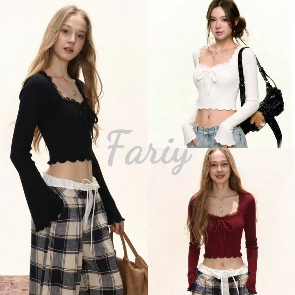 Fariy🍒คลังสินค้าพร้อม🍒 เสื้อแขนยาวทรงครอปแขนบานสีพื้นสไตล์ยุโรปและอเมริกาแบบใหม่ เซ็กซี่