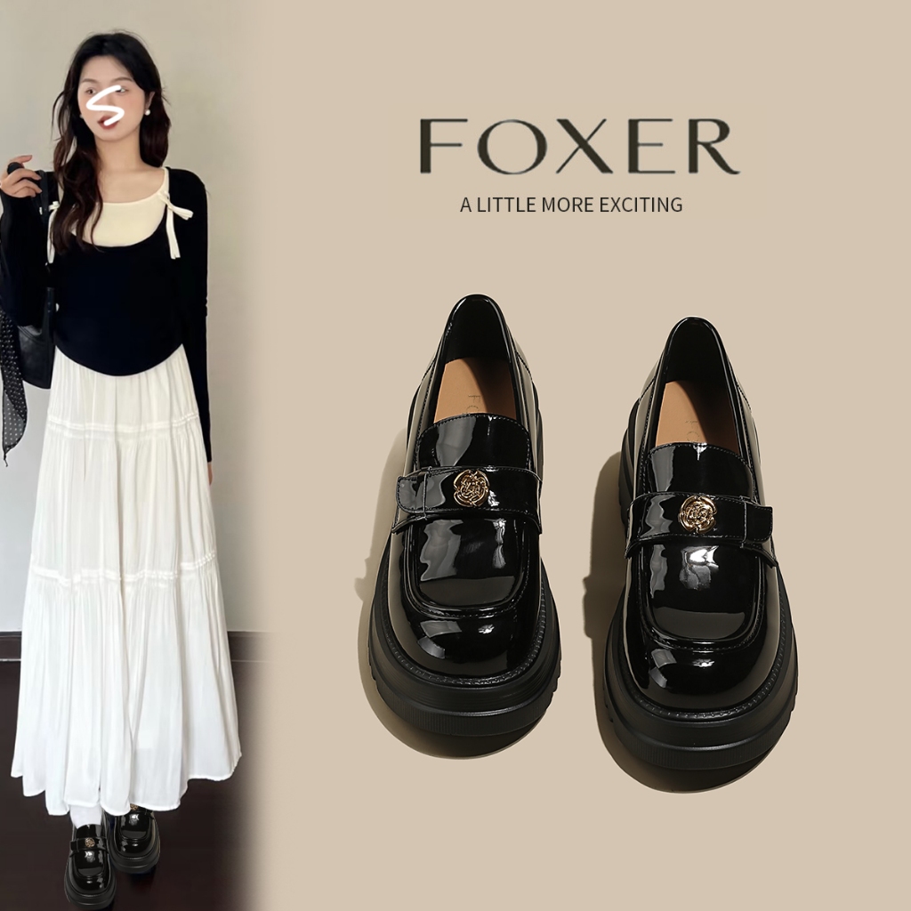 FOXER รองเท้าโลฟเฟอร์แฟชั่นสำหรับผู้หญิง หัวกลม ส้นหนา พื้นหนา สบายหนา ย้อนยุค สีดำ รองเท้านักเรียน