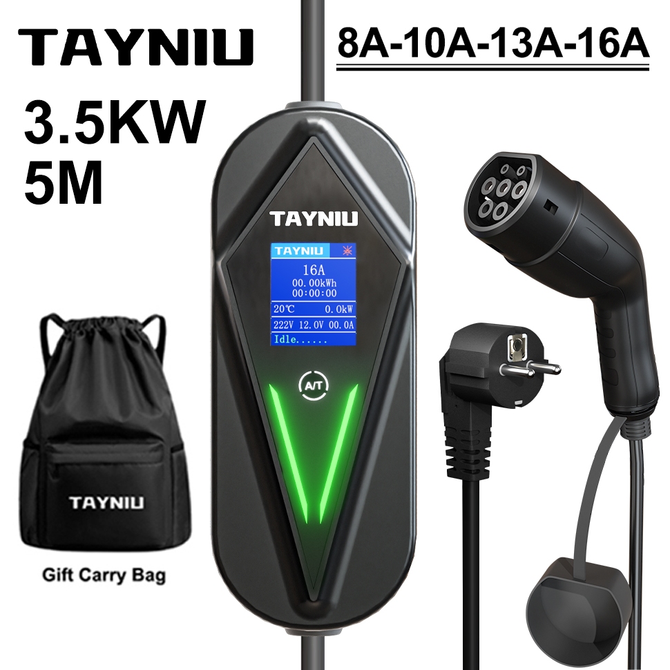 TAYNIU แบบพกพา EV Charger 16A 3.5KW ประเภท 2 IEC62196 ปลั๊ก 5 M ปรับ Current EVSE Charger – โปรปัง