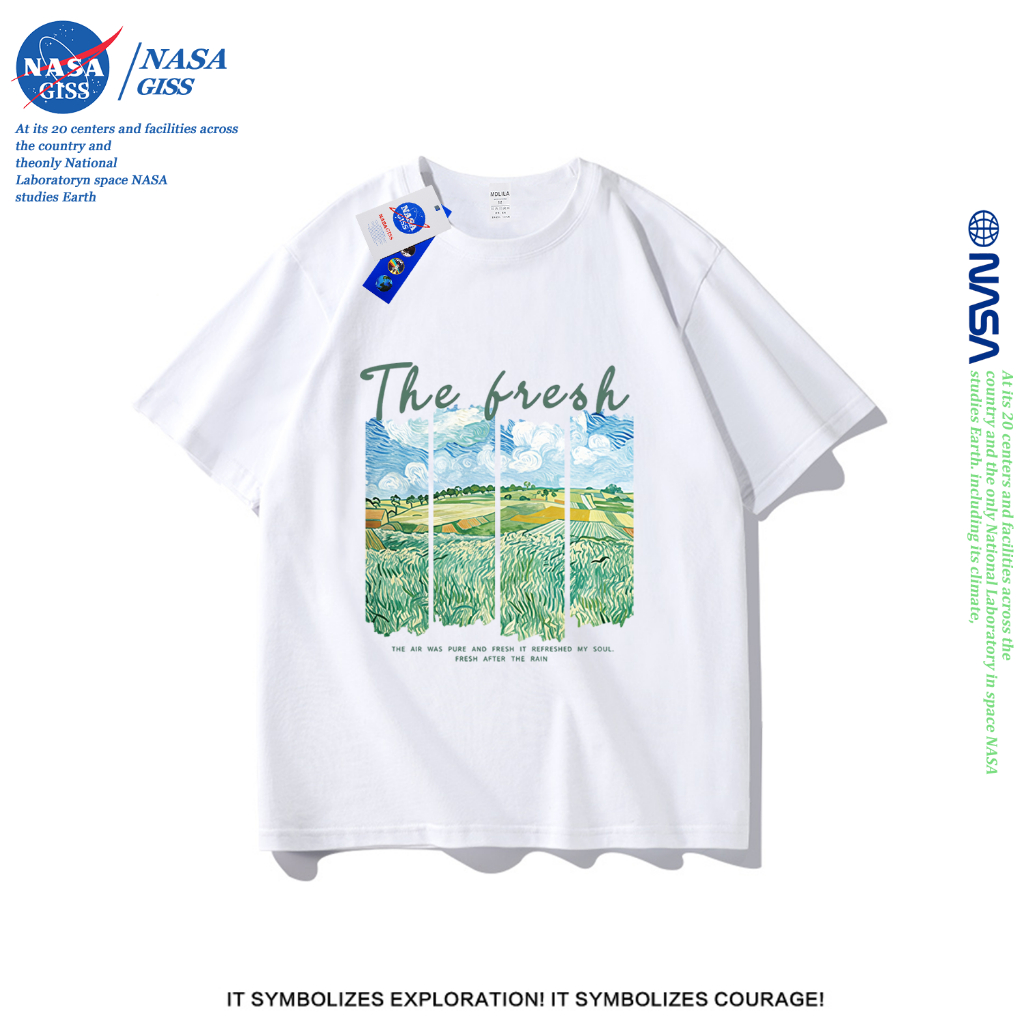 NASA เสื้อยืดชายหญิงแขนสั้น สไตล์ลำลอง summer ทุ่งเรพซีด พิมพ์ลาย คอตตอน คอกลม หลวมและระบายอากาศ