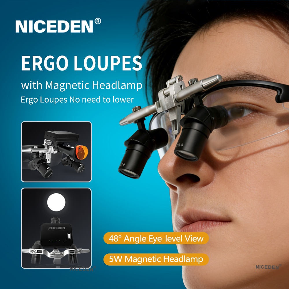 NICEDEN Ergonomic Dental Loupes 4.0X-6.0X ขยาย 5W LED โคมไฟหัวสําหรับทันตแพทย์, แบตเตอรี่แม่เหล็ก, กรอบน้ําหนักเบา,50 มม. Field of View,350-460 มม.ระยะทางการทํางาน