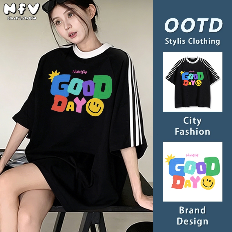 NFV เสื้อยืดคอกลมแขนสั้น🍒แฟชั่นสไตล์เกาหลี oversize ผ้านิ่ม ใส่สบาย สาวอวบ ลายตั