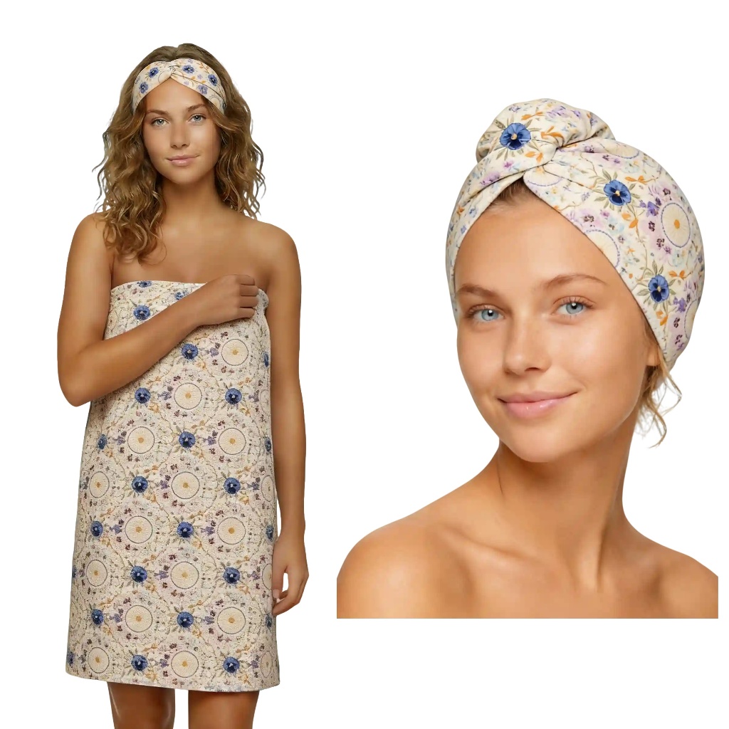 Nordic Minimalist Printed Bathroom Trio (Bath Towel/Hair Turban/Hair Band)