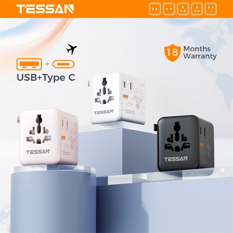 TESSAN อะแดปเตอร์สําหรับเดินทางอเนกประสงค์, อะแดปเตอร์ไฟสากล 3 พอร์ต USB C 2 USB A, ปลั๊ก Adaptor