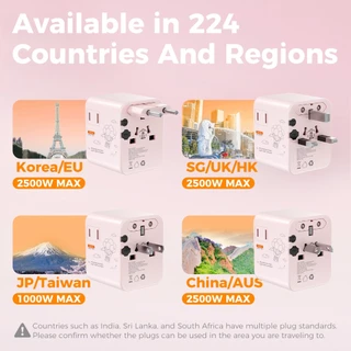 TESSAN อะแดปเตอร์สําหรับเดินทางอเนกประสงค์, อะแดปเตอร์ไฟสากล 3 พอร์ต USB C 2 USB A, ปลั๊ก Adaptor