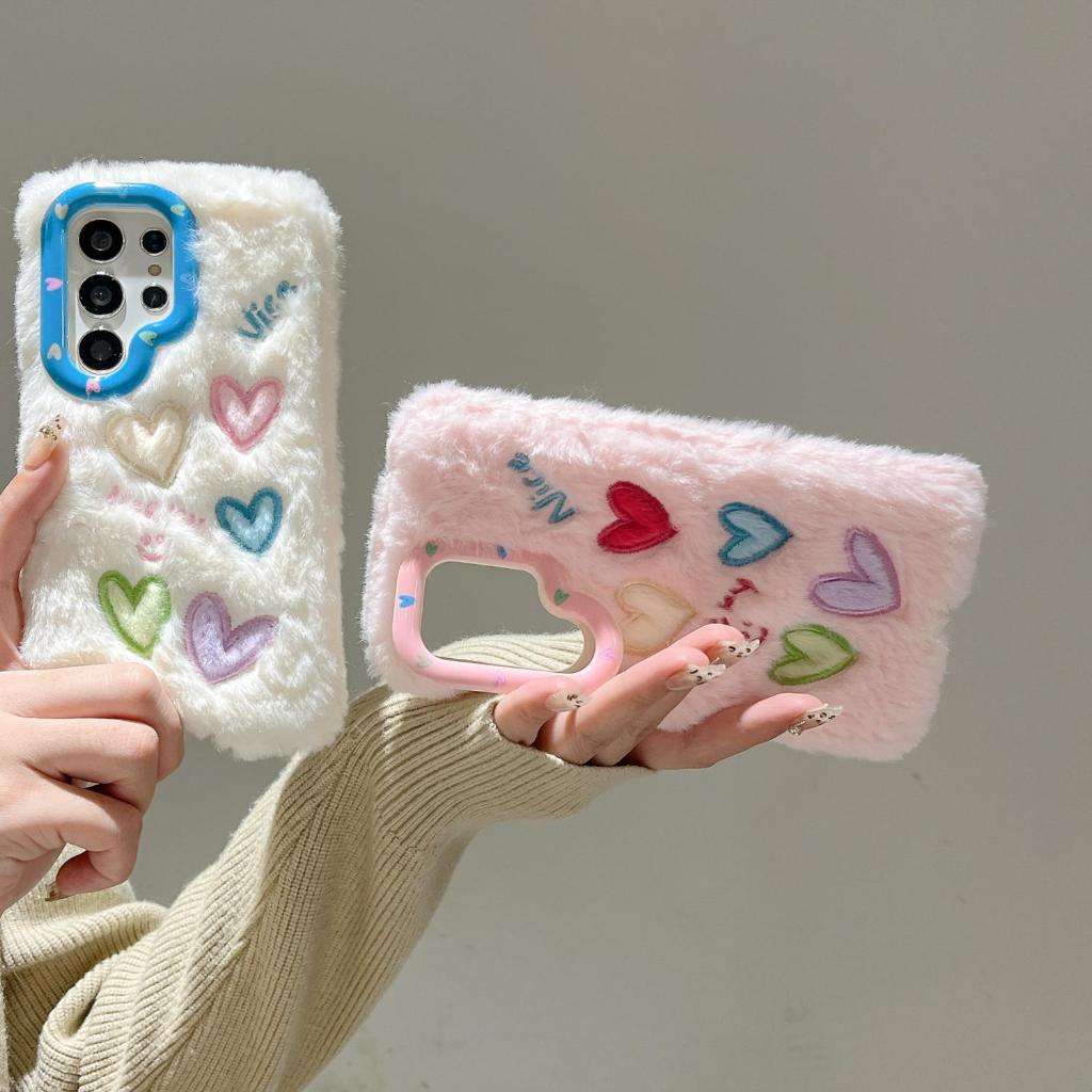 เคสโทรศัพท์พร้อมขาตั้ง รองรับ Samsung S25/S24/S23, A56/A55/A54, ฝาครอบเลนส์หัวใจตุ๊กตาสองสี ราคาถูก Shopee Lazada