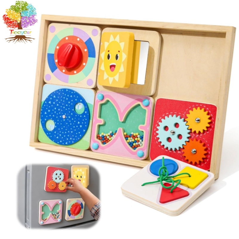 Ancaixin 6-in-1 Montessori Busy Board for 1 Year Old, Magnetic Sensory Toys for Toddler, Wooden Activity Busy Board for 12+ Months Baby, Fine Motor Skills Toys for Boys & Girls, Birthday Gifts 1 2 3