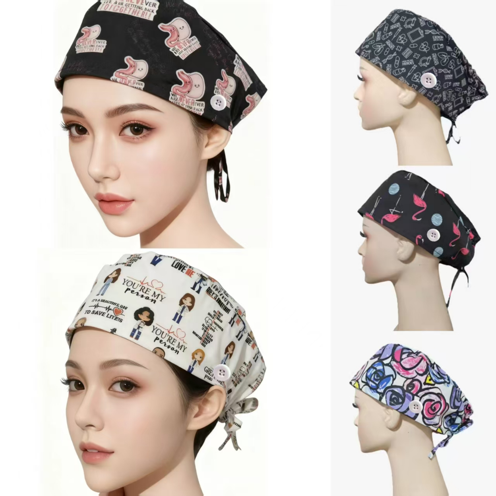 หมวกสำหรับผมสั้น พยาบาล และผ่าตัด ออกแบบพิมพ์ลายสวยงาม มีกระดุมสำหรับใช้งานทันตกรรม