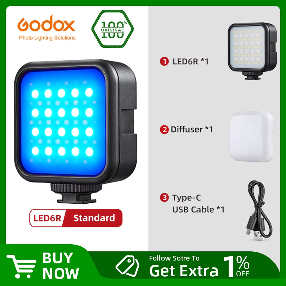 Godox LED 6R RGB Video Light,Dimmable 0-360 Full Color 3200K-6500K 13 FX Effects แบตเตอรี่ในตัว 1800mAh Li-ion สําหรับไฟวิดีโอ