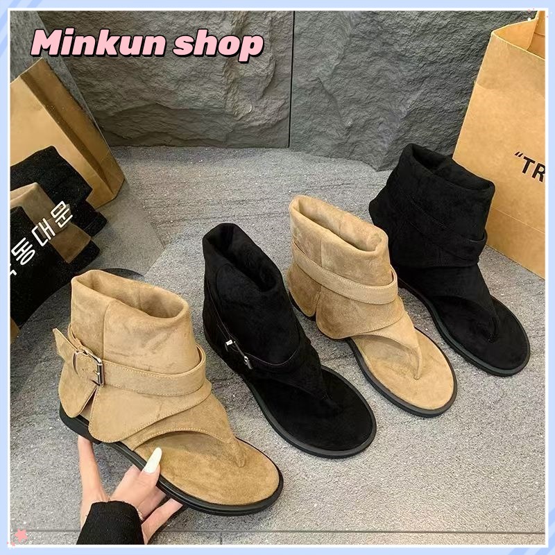 Minkun Flat Boot แบบคลิปที พื้นนุ่มย้อนยุค รองเท้าแฟชั่นลำลองสำหรับผู้หญิง